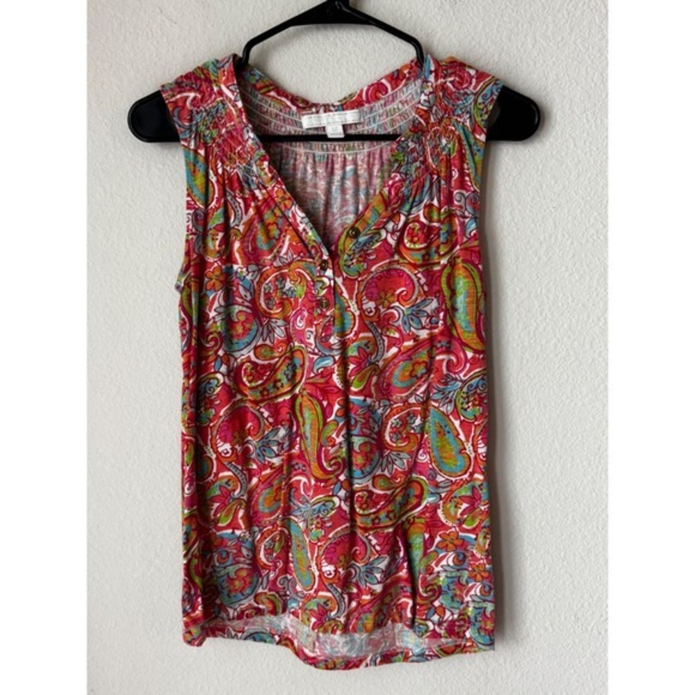 Juniper + Lime Womens Medium Pink Paisley Smocked Sleeveless Henley Tank Top